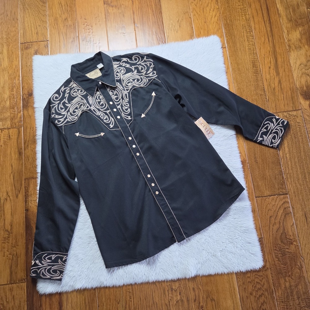 NWT SCULLY Western Pearl Snap Shirt Men's Large Black Cowboy Embroidered